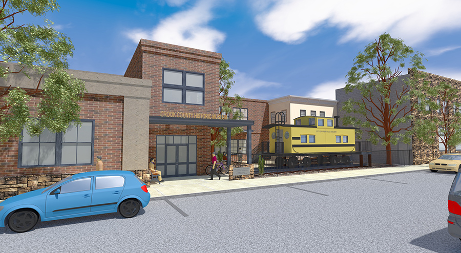 a digitally rendered view of the entire street along running along the front of the Bowman Museum